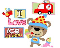 nounours ours dessin animé en portant la glace crème avec oiseau et chenille, la glace crème voiture vendeur vecteur