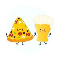 mignon, marrant content verre de Bière et tranche de Pizza. vecteur main tiré dessin animé kawaii personnages, illustration icône. marrant dessin animé verre de Bière et tranche de Pizza mascotte copains concept