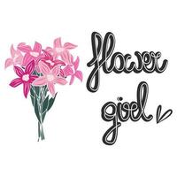mignonne main tiré caractères fleur fille citation avec coloré fleurs bouquet vecteur illustration pour salutation carte