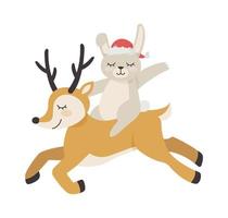 une lapin monte une cerf. Nouveau année et Noël. vecteur illustration avec une mignonne lapin.