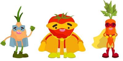 ensemble de légumes de super-héros. oignon, tomate et carotte en style cartoon. vecteur