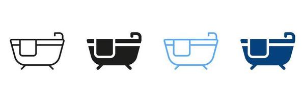 une baignoire silhouette et ligne icône ensemble. baignoire avec robinet et serviette noir et Couleur pictogramme. salle de bains symbole collection. isolé vecteur illustration.