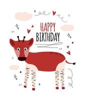 illustration salutation carte avec animal okapis, nuage, cœur, griffonnage, content anniversaire caractères. content anniversaire salutation carte vecteur