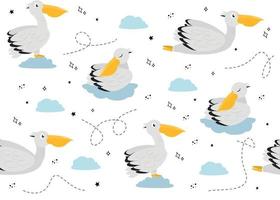 sans couture modèle avec pélican. vecteur illustration avec pélican oiseau, nuage, étoile, griffonnage