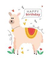 illustration content anniversaire carte, avec lama, cœurs, fleurs, griffonnage. salutation carte vecteur