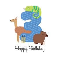 vecteur illustration content anniversaire carte avec nombre trois, capybara animaux, guanaco, caméléon, cadeaux. salutation carte avec le une inscription content anniversaire, trois, guanaco, capibara, cadeau des boites.