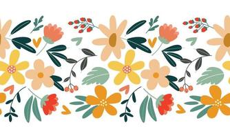 sans couture vecteur frontière avec multicolore fleurs dans plat style sur une blanc Contexte.