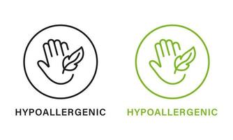 hypoallergénique sûr produit ligne vert et noir icône ensemble. hypo allergène cosmétique pour sensible peau hygiène contour pictogramme. allergène gratuit, main et plume symbole. isolé vecteur illustration.
