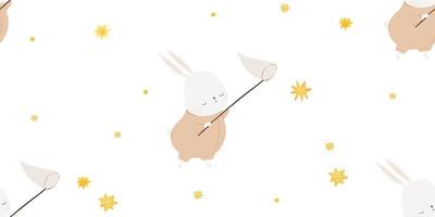 mignonne lapin, marrant lapin, petit animal dans ciel avec d'or étoiles. puéril sans couture modèle, interminable enveloppant papier, garderie conception vecteur