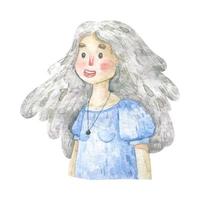 mignonne femelle portrait, une fille avec longue cheveux sourires, aquarelle illustration vecteur