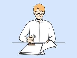 Masculin notaire estampillage les documents dans bureau. souriant homme ouvrier signe avec timbre officiel les accords à lieu de travail. vecteur illustration.