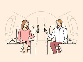 content couple à votre santé avec Champagne en volant dans privé jet. souriant réussi homme et femme boisson sur avion. riches et bien-être. vecteur illustration.