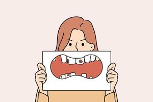 malheureux femme avec placard dans mains montrant mauvais pour la santé dents. stressé fille démontrer les dents pourriture et carie. dentisterie et soins bucco-dentaires. vecteur illustration.