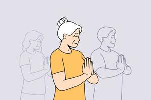 personnes âgées femme avec prière mains entraine toi yoga sur groupe Des classes. content calme vieux grand-mère méditer suivre en bonne santé la vie dans yoga studio. vecteur illustration.