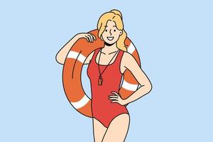 souriant femme sauveteur dans maillot de bain posant avec gonflable anneau. content femelle garde dans maillots de bain avec bouée de sauvetage. vecteur illustration.