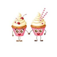 Joyeuse saint Valentin. deux cupcakes sucrés avec des yeux isolés sur blanc. emoji de personnage de nourriture de dessin animé. couple se tenir la main. objets pour les vacances, menu, arrière-plans vecteur