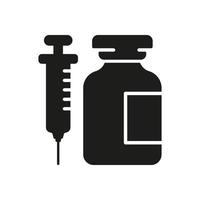 médical seringue et verre bouteille silhouette icône. grippe vaccination symbole. médicament injection, injecter traitement glyphe pictogramme. insuline dose dans Fiole icône. isolé vecteur illustration.