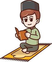 garçon en train de lire coran dans ramadhan vecteur