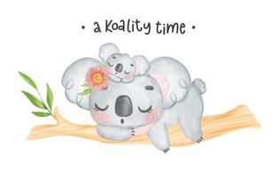 adorable innocence Australie koala mère et bébé en train de dormir sur arbre bifurquer, content de la mère journée capricieux garderie aquarelle animal dessin animé main La peinture vecteur