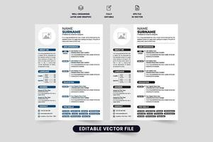 professionnel emploi expérience et compétences reprendre modèle pour entreprise interne applications. minimal CV et reprendre disposition vecteur avec bleu et foncé couleurs. Créatif reprendre modèle avec photo espaces réservés.