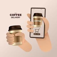 concept en ligne. livraison de café sur mobile. demande de commande de nourriture et de boisson. vecteur