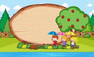 Scène de parc avec planche de bois vierge de forme ovale avec personnage de dessin animé pour enfants doodle vecteur