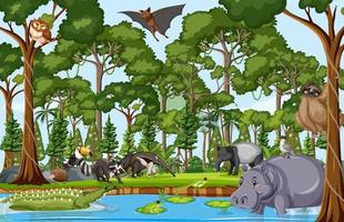 personnage de dessin animé animal sauvage dans la scène de la forêt vecteur