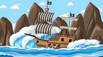 océan avec bateau pirate à la scène de jour en style cartoon vecteur