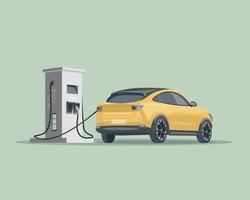 horizontal bannière avec un électrique voiture à une mise en charge gare.la concept de mise en charge un électrique auto. isolé vecteur illustration électrique véhicule.