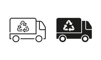 voiture de poubelle de véhicule pour la ligne de déchets écologique de transport et jeu d'icônes de silhouette. camion à ordures avec signe de recyclage. camion pour la collecte de symboles de déchets sur fond blanc. illustration vectorielle isolée. vecteur