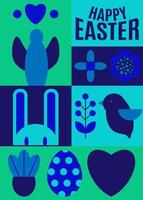 content Pâques. motifs. moderne géométrique abstrait style. Pâques œufs, lapin., fleurs, des oiseaux. bleu couleurs vecteur