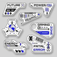 sci Fi géométrique autocollants. futuriste formes dans différent formes. badges dans cyberpunk style avec marrant les inscriptions moderne hud éléments vecteur