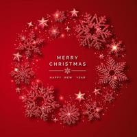 Noël Contexte avec brillant rouge flocons de neige et neige. joyeux Noël carte illustration. pétillant rouge flocons de neige avec briller texture dans cercle forme vecteur