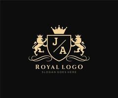 initiale ja lettre Lion Royal luxe héraldique, crête logo modèle dans vecteur art pour restaurant, royalties, boutique, café, hôtel, héraldique, bijoux, mode et autre vecteur illustration.