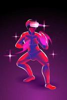 l'homme posant se prépare à se battre, en portant la machine de réalité virtuelle vr, l'imagination pour combattre quelqu'un dans le monde numérique, le tai chi, le kung fu, le karaté, le taekwondo, le jujutsu, l'illustration vectorielle en violet. vecteur