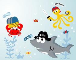 marrant Marin animaux dessin animé portant pirate accessoires sous-marin vecteur
