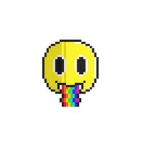Jaune cercle tête avec arc en ciel vomir dans pixel art style vecteur