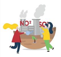 illustration de air la pollution par industriel entreprises et plante sauvetage. femmes sur le escaliers l'eau le arbre contre le toile de fond de le plante. près un industriel plante femmes l'eau une arbre. vecteur