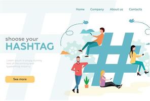 site entête. social médias dépendance. gens utilisation les smartphones près le gros hashtag. vecteur. vecteur