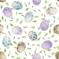 aquarelle main tiré Pâques fête clipart. sans couture modèle avec peint des œufs et feuilles. pastel couleur. isolé sur blanc Contexte. pour faire-part, cadeaux, salutation cartes, imprimer, textile vecteur