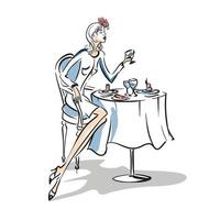 design de mode illustration élégante dessiné à la main. fille à la table basse. jeunes femmes vêtues de vêtements à la mode assis dans une cafétéria ou un restaurant. illustration vectorielle de croquis vecteur