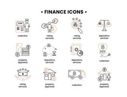 finance. vecteur illustration ensemble de Icônes dépôt prestations de service, propriété évaluation, évaluation prestations de service, collection.