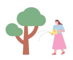 une femme arrose un arbre avec un arrosoir. vecteur