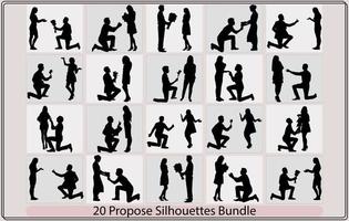 silhouette de une homme fait du une proposition à marier le femme vecteur illustration, fait une proposition à marier le fille, couple proposer silhouettes dans différent pose