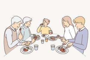 gros famille asseoir à table en mangeant dîner ensemble. parents, enfant et grands-parents prendre plaisir savoureux nourriture à maison. vecteur illustration.