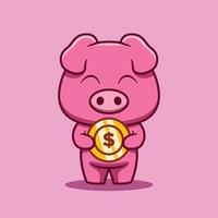 mignonne porc personnage en portant pièces de monnaie vecteur dessin animé illustration