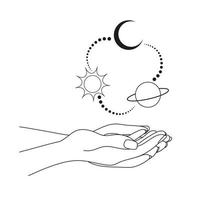mains avec lune, planète et Soleil. abstrait symbole pour produits de beauté et emballage, bijoux, logo, tatouage. ésotérique. galaxie vecteur