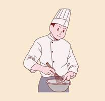 un chef cuisinier est en train de cuisiner. illustrations de conception de vecteur de style dessiné à la main.