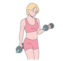 une femme fait de l'exercice avec un haltère. illustrations de conception de vecteur de style dessiné à la main.