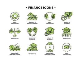 finance. vecteur illustration ensemble de Icônes crise d'épilepsie de propriété, forclusion, dette refinancement, dépôts dans précieux les métaux